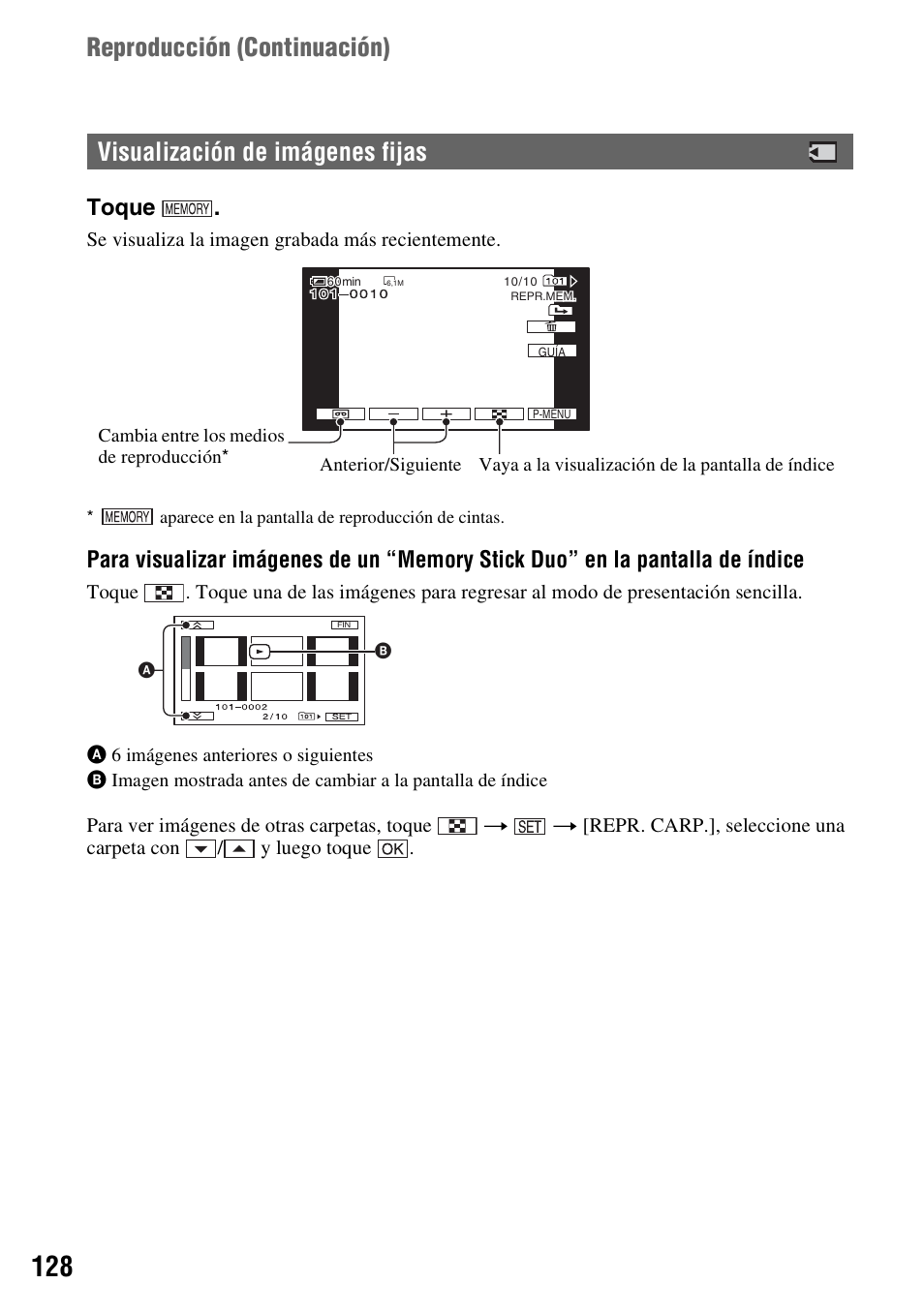 Visualización de imágenes fijas, Reproducción (continuación), Toque | Sony HDR-HC7 User Manual | Page 128 / 131
