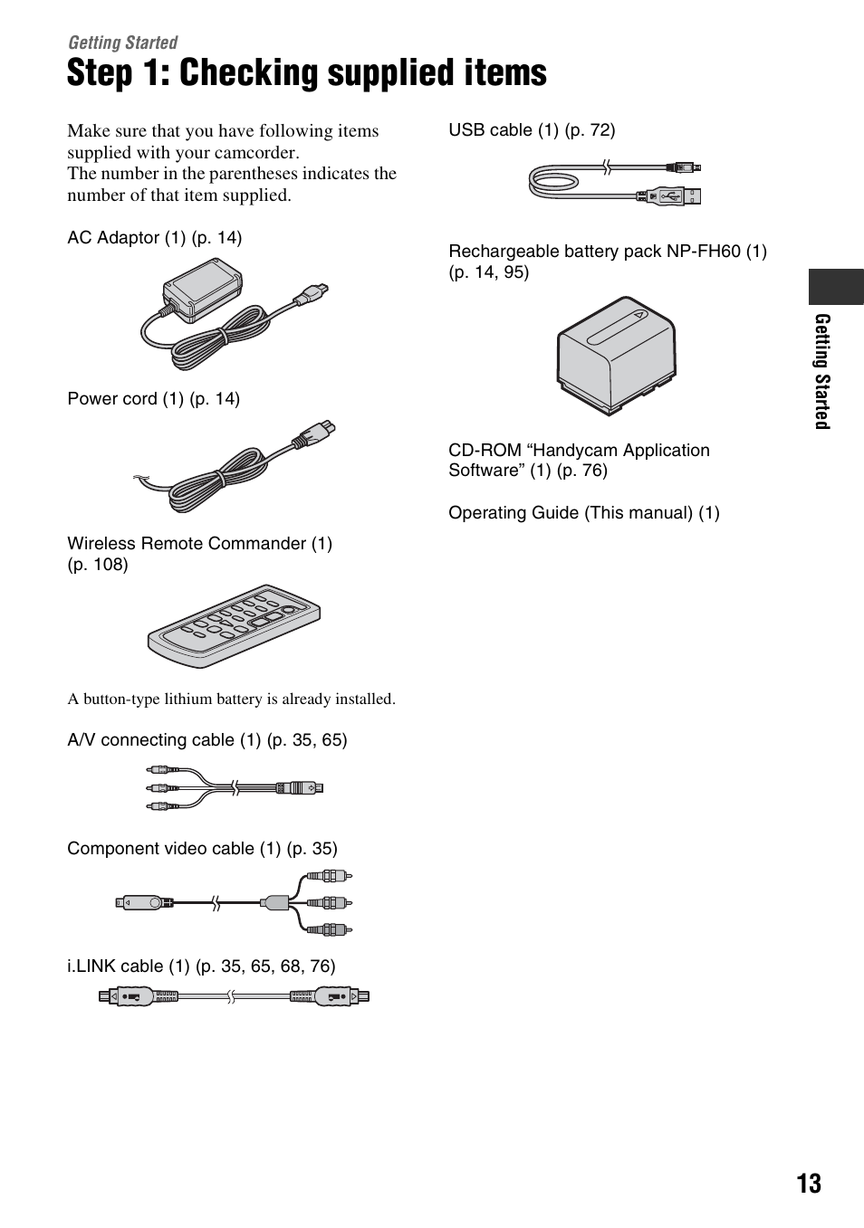 Getting started, Step 1: checking supplied items | Sony HDR-HC7 User Manual | Page 13 / 131