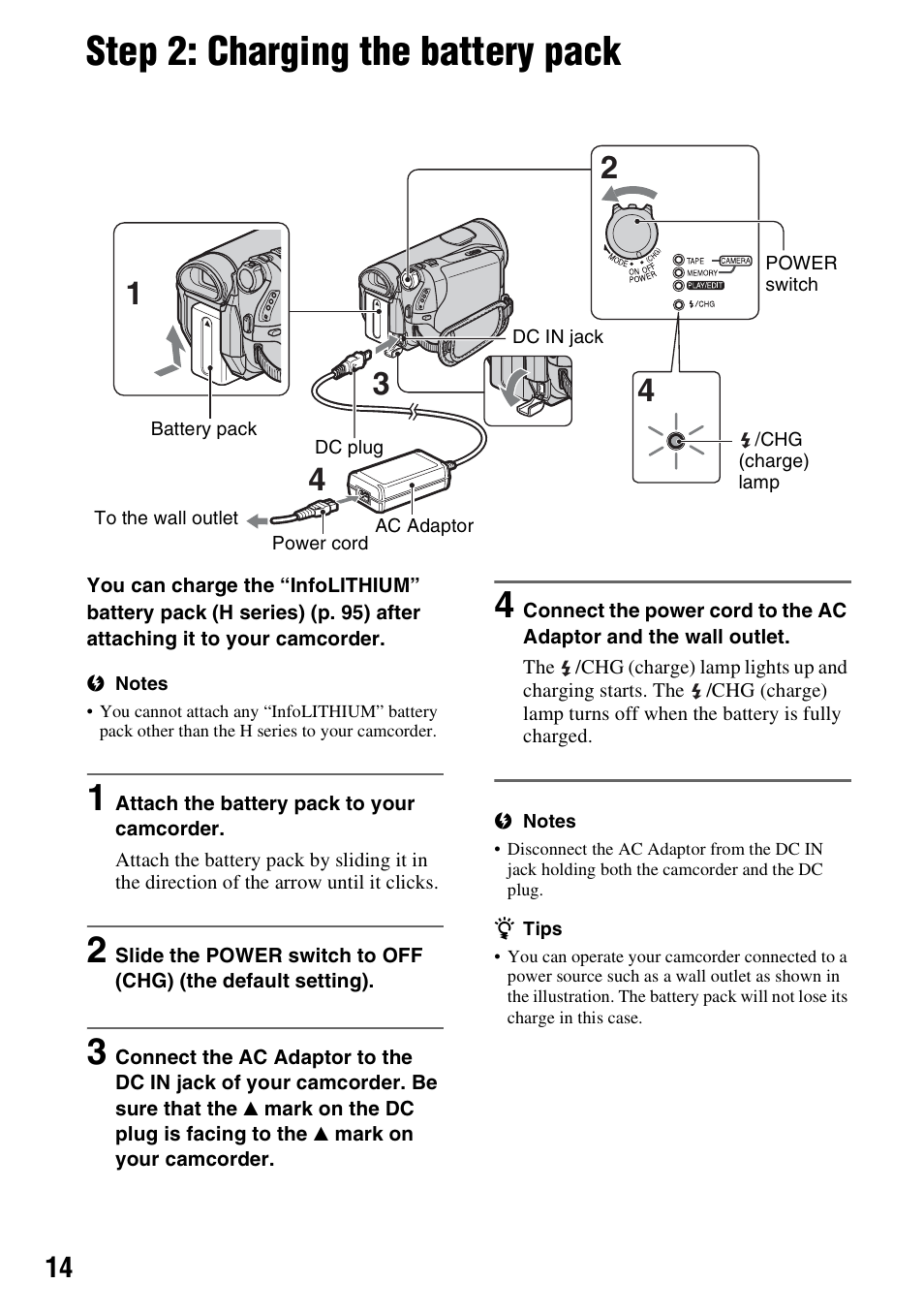 Step 2: charging the battery pack, P. 14), P. 14 | Sony HDR-HC7 User Manual | Page 14 / 131