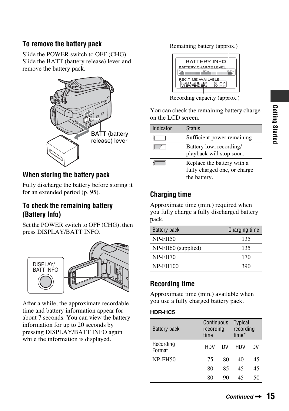 When storing the battery pack, Charging time, Recording time | Sony HDR-HC7 User Manual | Page 15 / 131