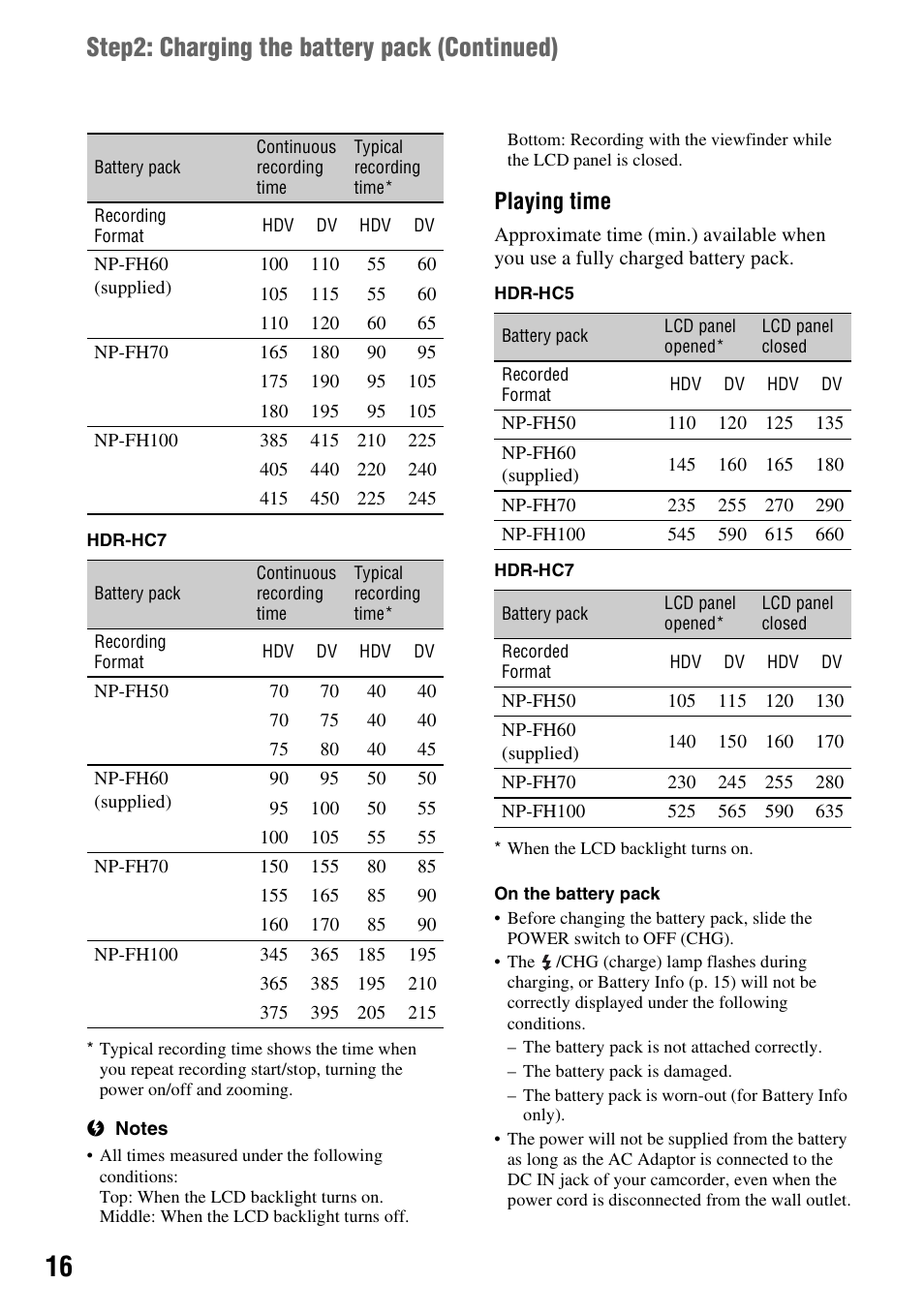 Step2: charging the battery pack (continued), Playing time | Sony HDR-HC7 User Manual | Page 16 / 131