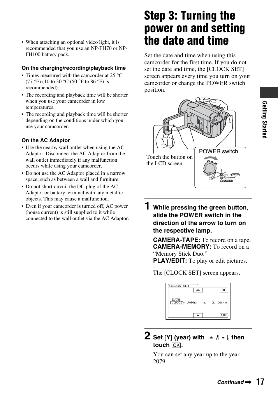 Step 3: turning the power on and, Setting the date and time | Sony HDR-HC7 User Manual | Page 17 / 131