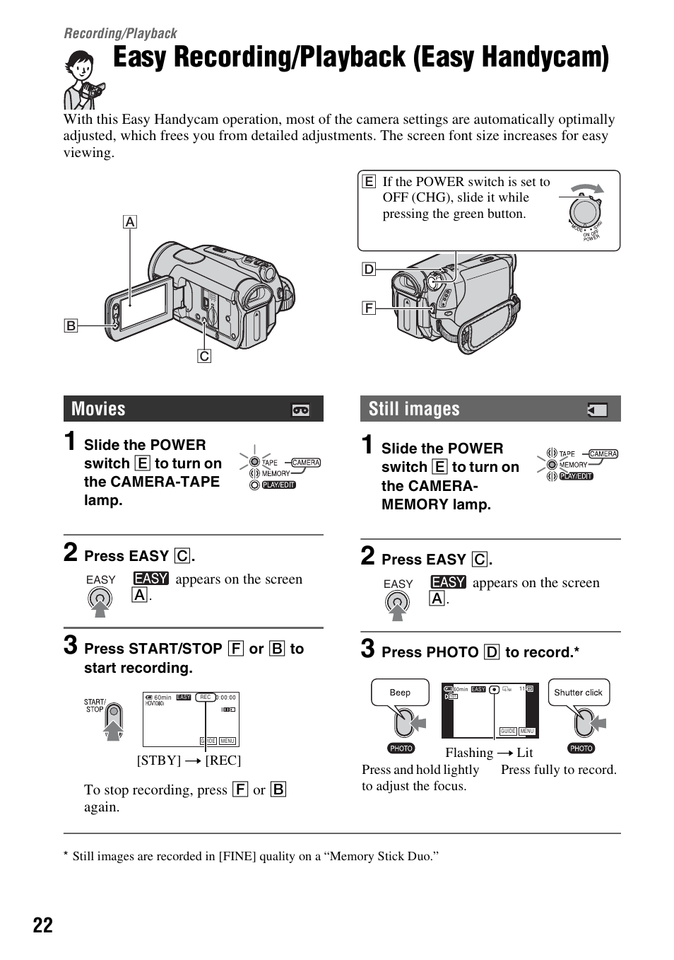 Recording/playback, Easy recording/playback (easy handycam), Recording | Playback, Easy recording/playback (easy, Handycam), Movies, Still images | Sony HDR-HC7 User Manual | Page 22 / 131