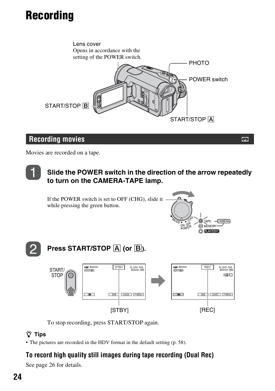 Recording, Recording movies | Sony HDR-HC7 User Manual | Page 24 / 131