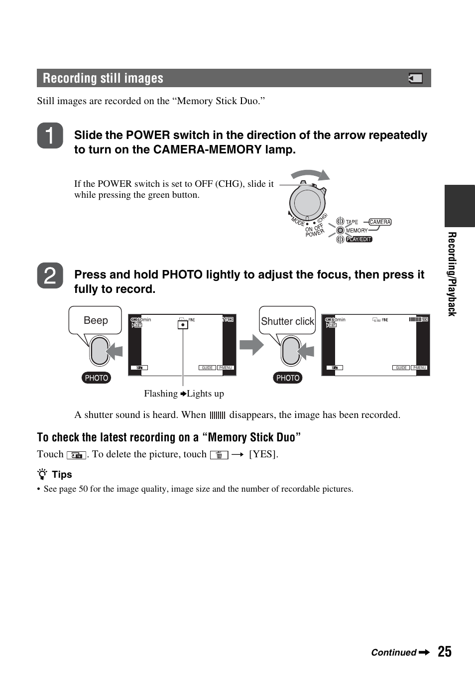 Recording still images | Sony HDR-HC7 User Manual | Page 25 / 131