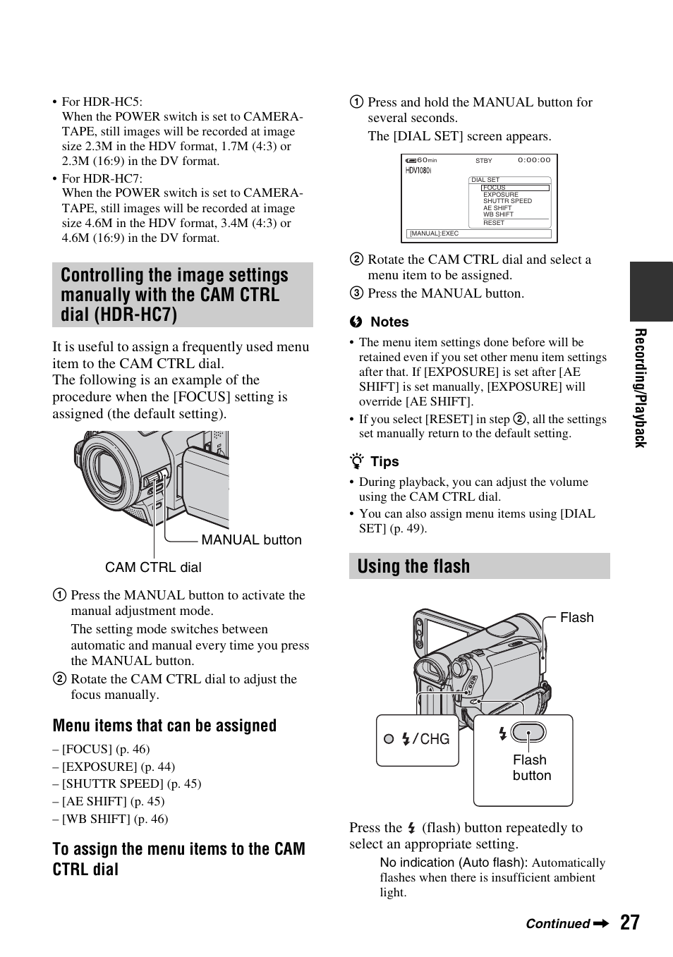 Using the flash, Controlling the image settings, Manually with the cam ctrl dial (hdr-hc7) | P. 27), Menu items that can be assigned | Sony HDR-HC7 User Manual | Page 27 / 131