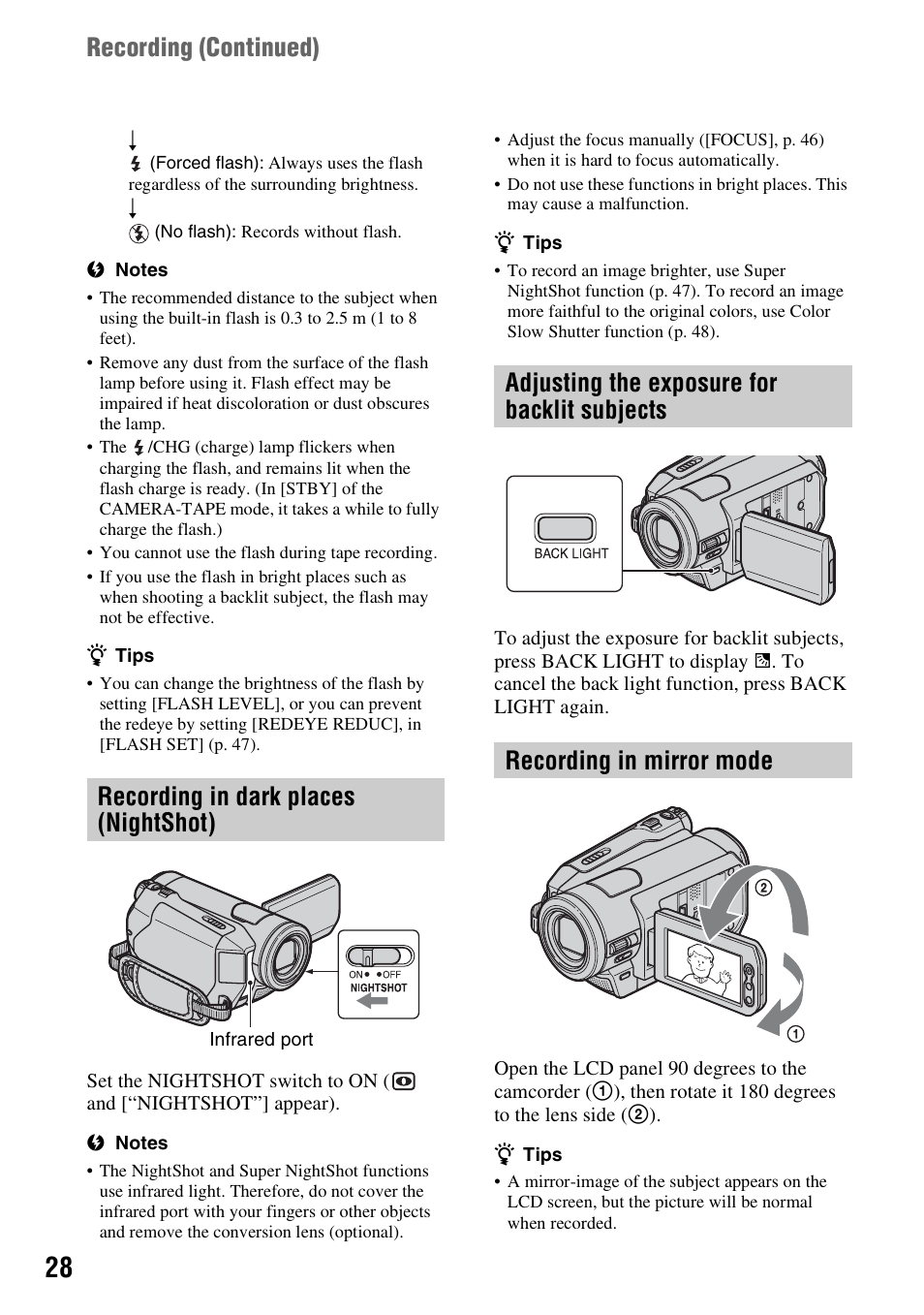 Recording in dark places (nightshot), Adjusting the exposure for backlit subjects, Recording in mirror mode | Recording in dark places, Nightshot), Adjusting the exposure for backlit, Subjects, P. 28) | Sony HDR-HC7 User Manual | Page 28 / 131