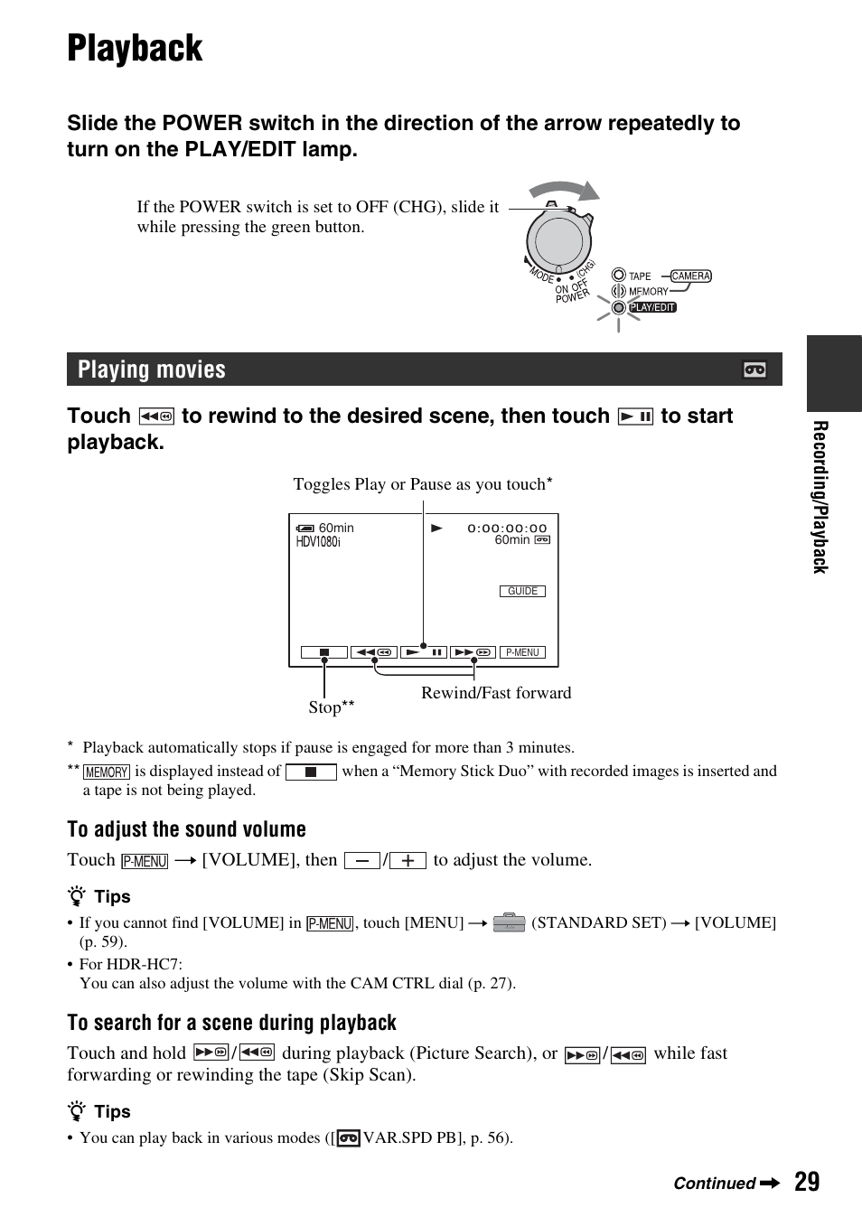 Playback, Playing movies | Sony HDR-HC7 User Manual | Page 29 / 131
