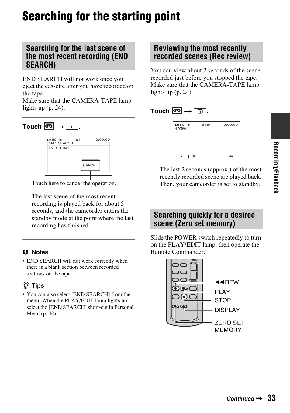 Searching for the starting point, Searching for the last scene of the, Most recent recording (end search) | Reviewing the most recently, Recorded scenes (rec review), Searching quickly for a desired, Scene (zero set memory) | Sony HDR-HC7 User Manual | Page 33 / 131