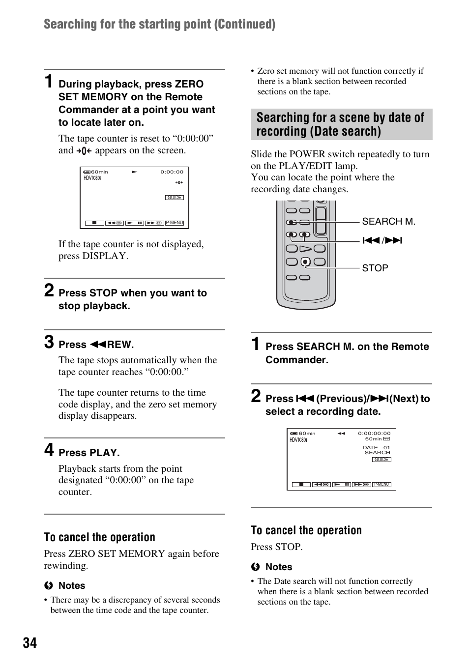Searching for a scene by date of, Recording (date search), Searching for the starting point (continued) | Sony HDR-HC7 User Manual | Page 34 / 131