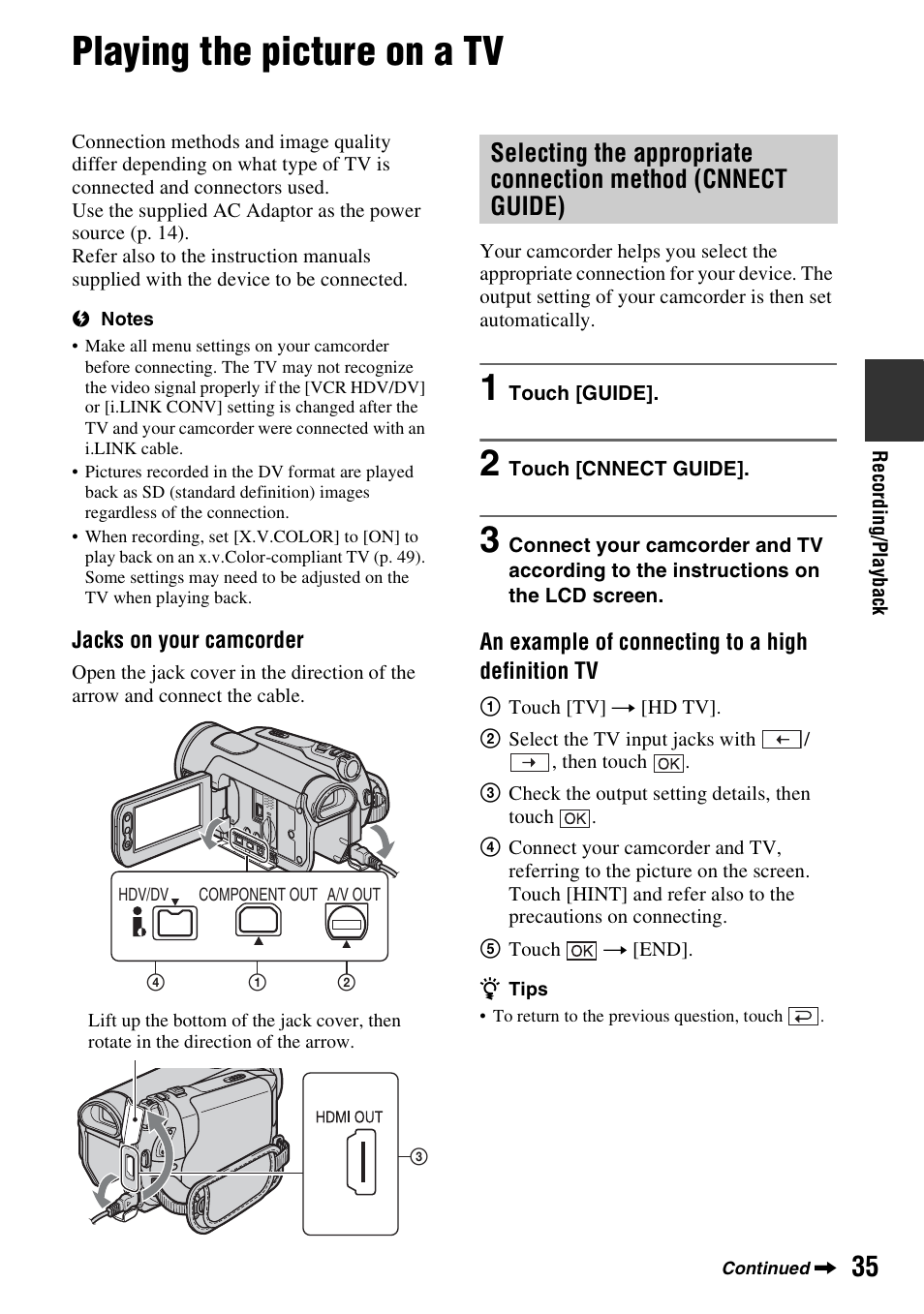 Playing the picture on a tv, Selecting the appropriate, Connection method (cnnect guide) | P. 35), P. 35, 65, E (1) (p. 35), P. 35 | Sony HDR-HC7 User Manual | Page 35 / 131