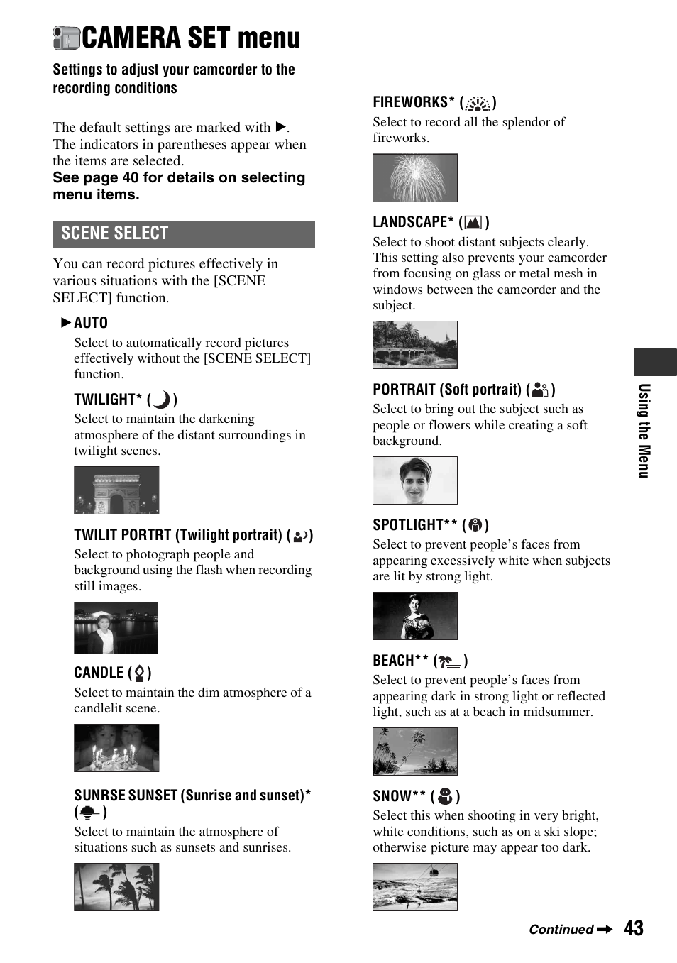 Camera set menu, Settings to adjust your camcorder to, The recording conditions | Scene select | Sony HDR-HC7 User Manual | Page 43 / 131