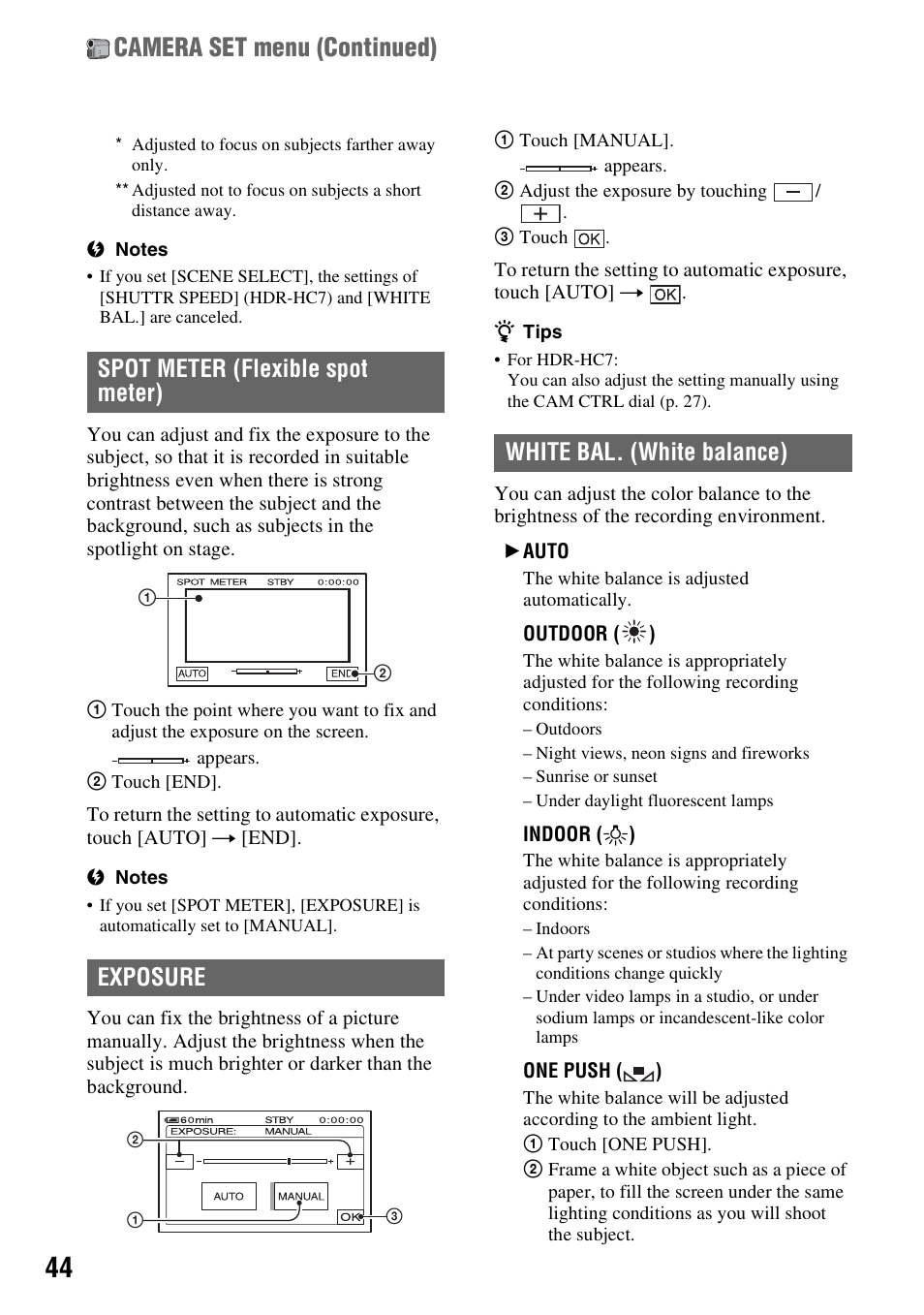 P. 44), Camera set menu (continued), Spot meter (flexible spot meter) exposure | White bal. (white balance) | Sony HDR-HC7 User Manual | Page 44 / 131