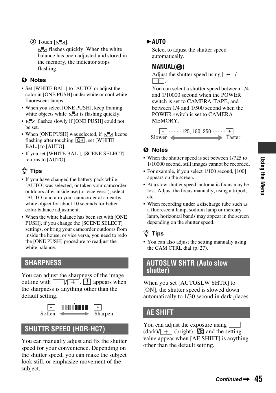 P. 45), Sharpness shuttr speed (hdr-hc7), Autoslw shtr (auto slow shutter) ae shift | Sony HDR-HC7 User Manual | Page 45 / 131