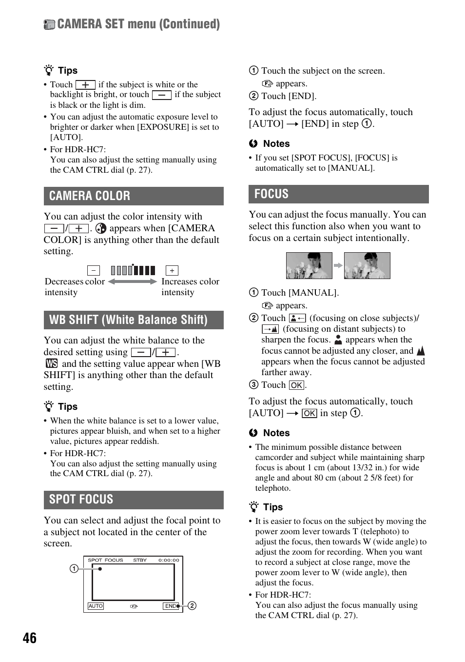 P. 46), P. 46, Camera set menu (continued) | Focus | Sony HDR-HC7 User Manual | Page 46 / 131