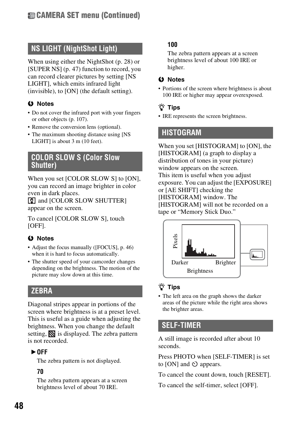 P. 48), Camera set menu (continued) | Sony HDR-HC7 User Manual | Page 48 / 131