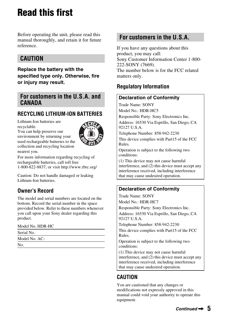Read this first, Caution for customers in the u.s.a. and canada, For customers in the u.s.a | Sony HDR-HC7 User Manual | Page 5 / 131