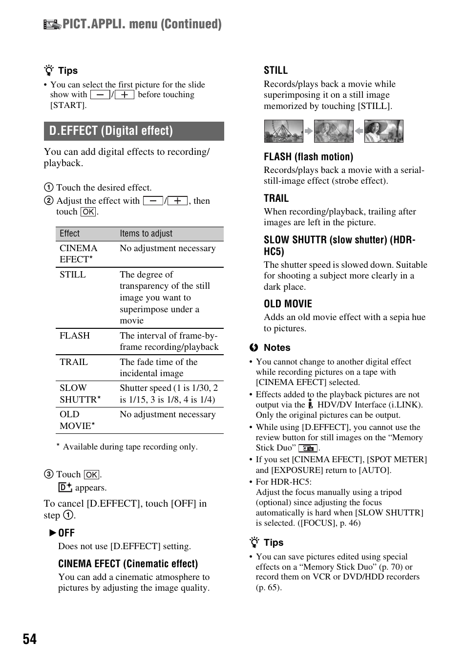 Pict.appli. menu (continued), D.effect (digital effect) | Sony HDR-HC7 User Manual | Page 54 / 131