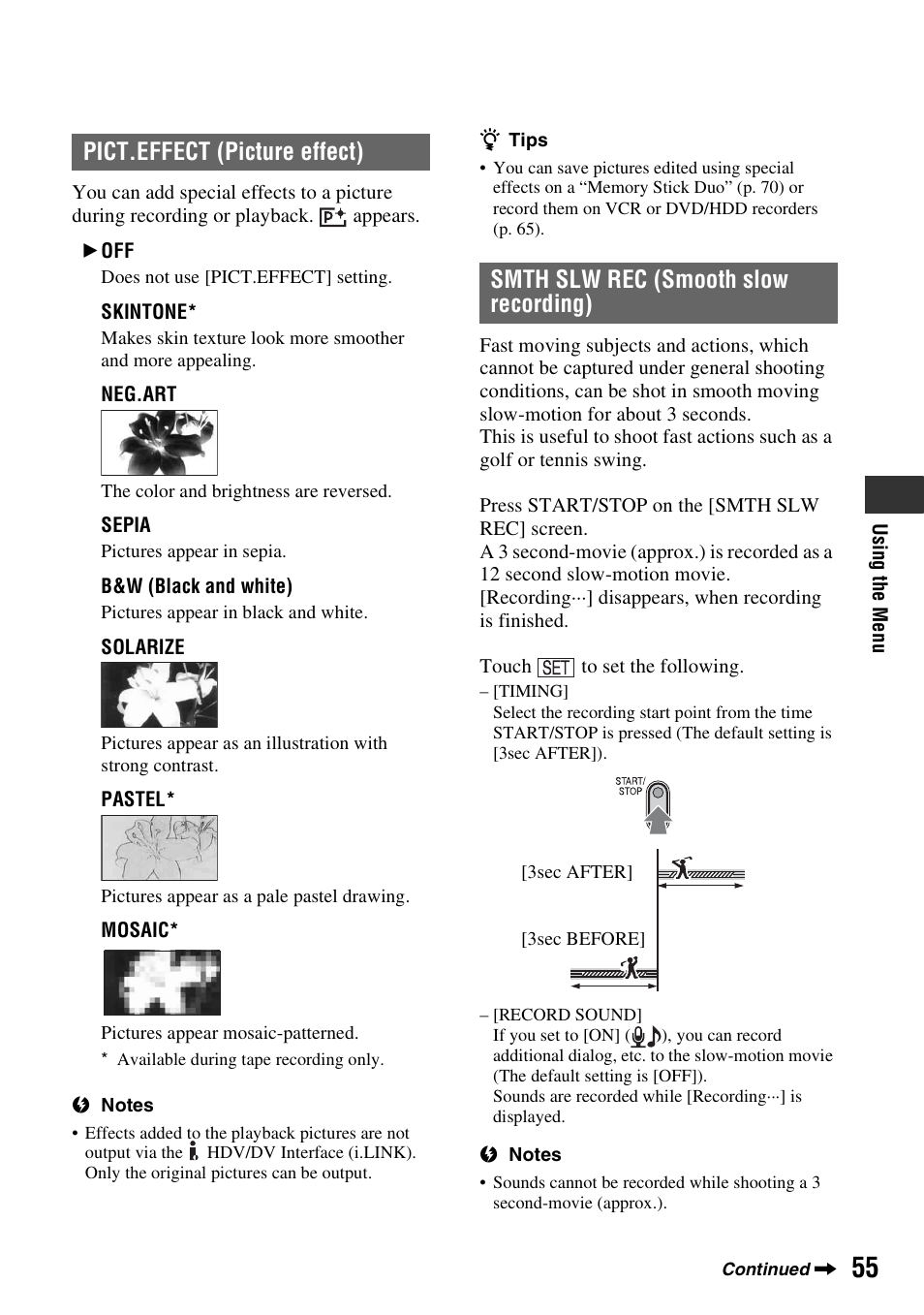 Pict.effect (picture effect), Smth slw rec (smooth slow recording) | Sony HDR-HC7 User Manual | Page 55 / 131