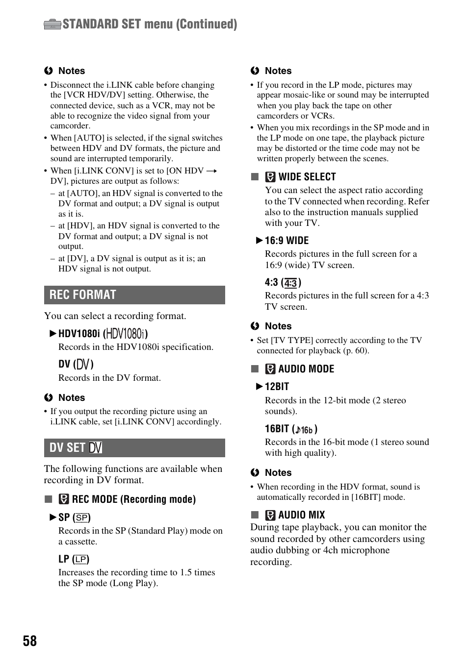 P. 58), Standard set menu (continued), Rec format dv set | Sony HDR-HC7 User Manual | Page 58 / 131