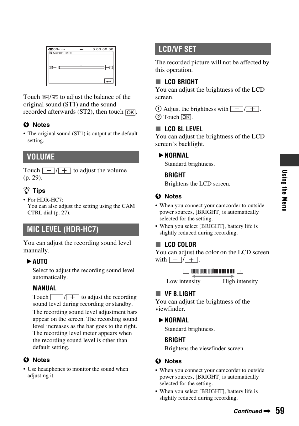Volume mic level (hdr-hc7), Lcd/vf set | Sony HDR-HC7 User Manual | Page 59 / 131