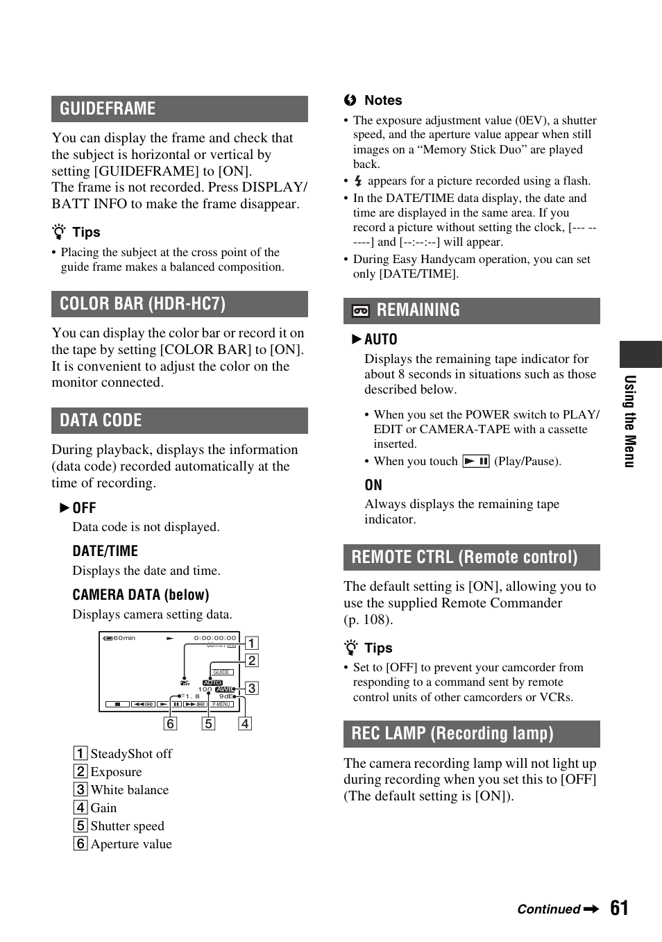 Guideframe color bar (hdr-hc7) data code | Sony HDR-HC7 User Manual | Page 61 / 131