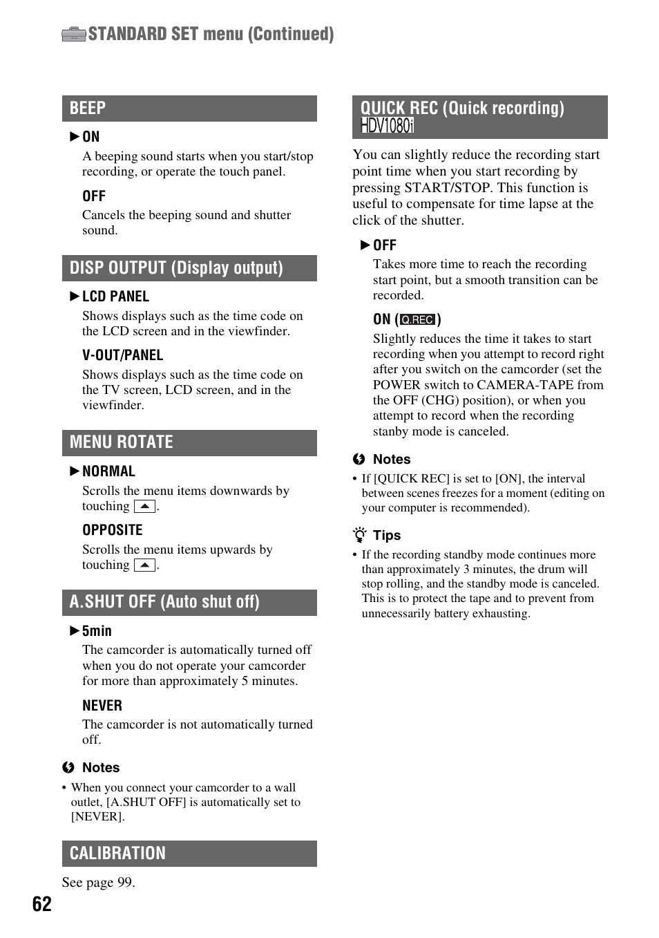 P. 62, Standard set menu (continued) | Sony HDR-HC7 User Manual | Page 62 / 131