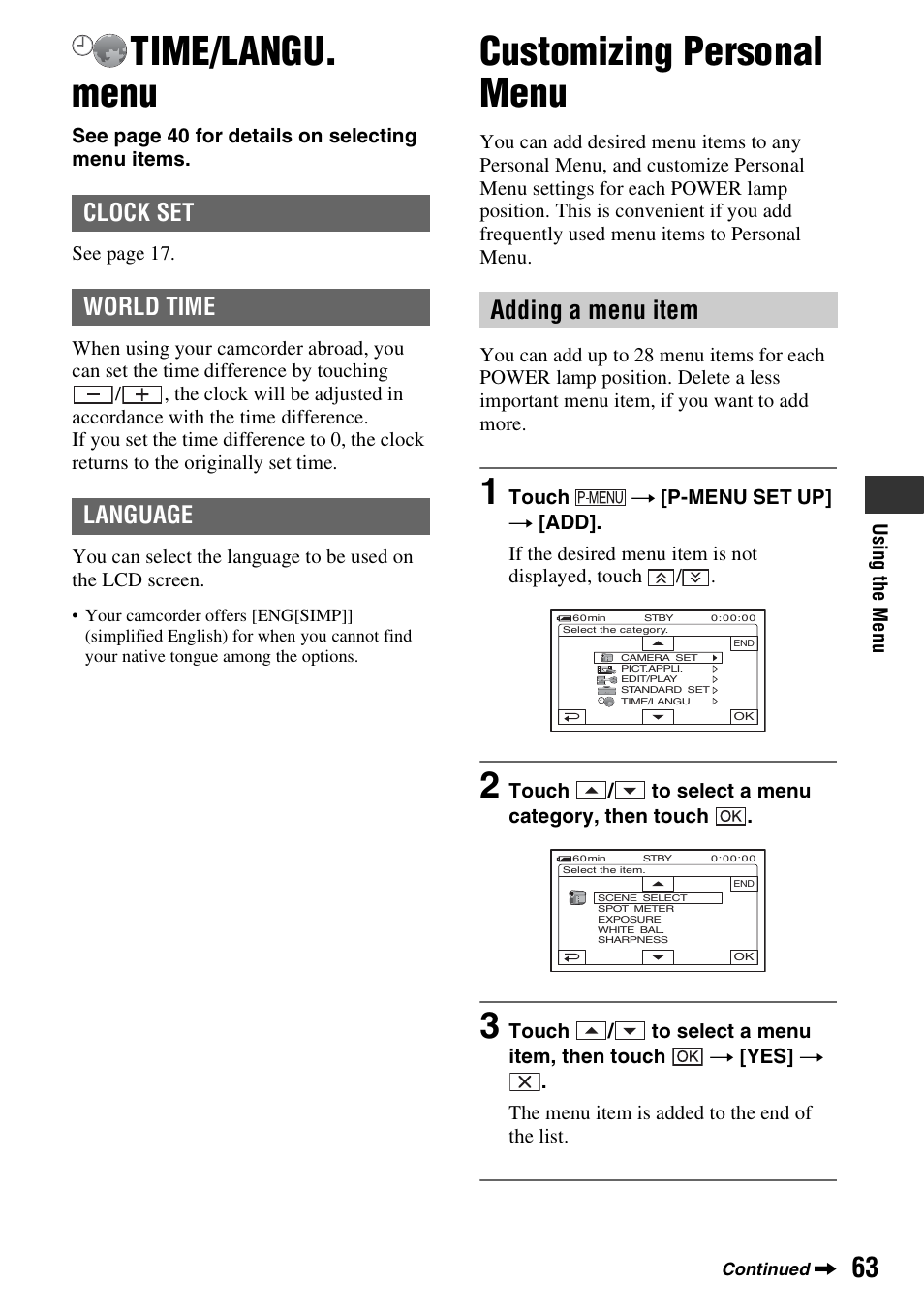 Time/langu. menu, Customizing personal menu, Adding a menu item | Clock set world time language | Sony HDR-HC7 User Manual | Page 63 / 131