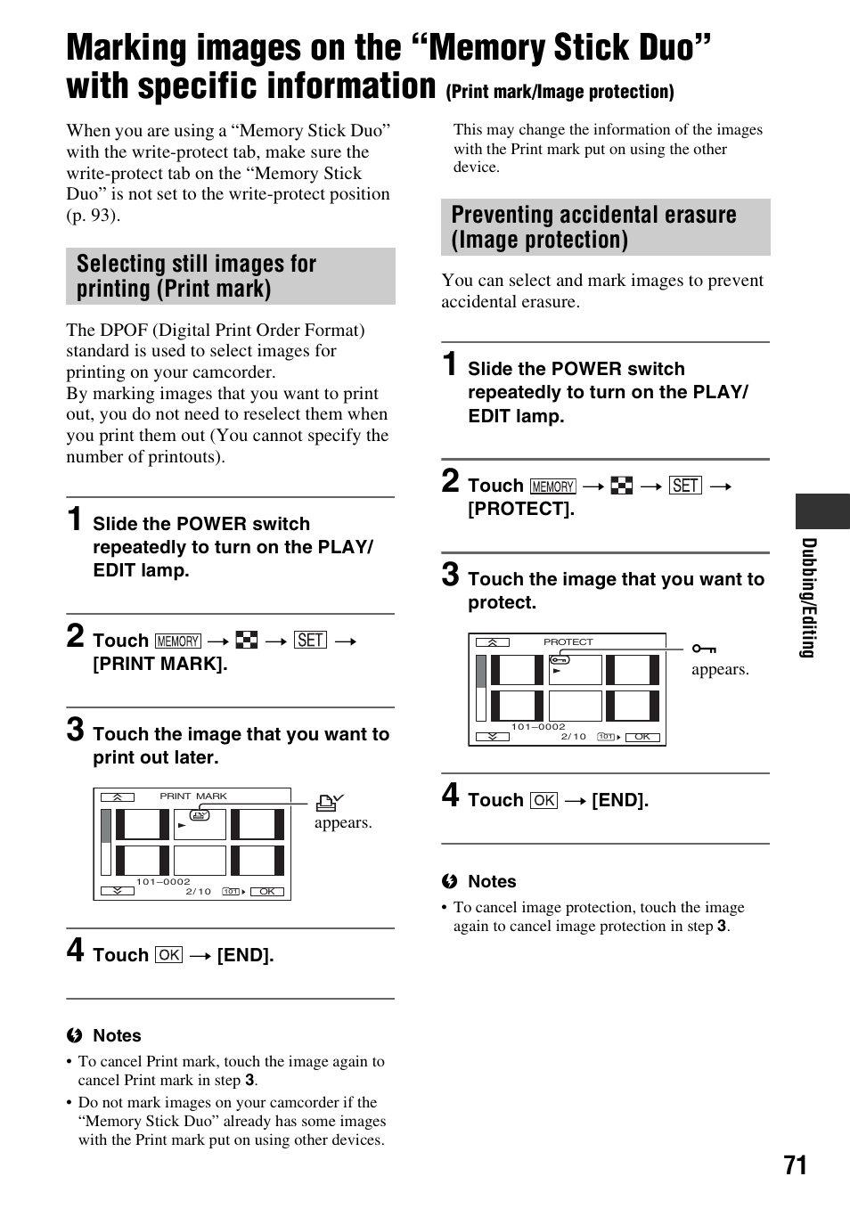 Marking images on the “memory stick, Ed (p. 71), Selecting still images for printing (print mark) | Preventing accidental erasure (image protection) | Sony HDR-HC7 User Manual | Page 71 / 131