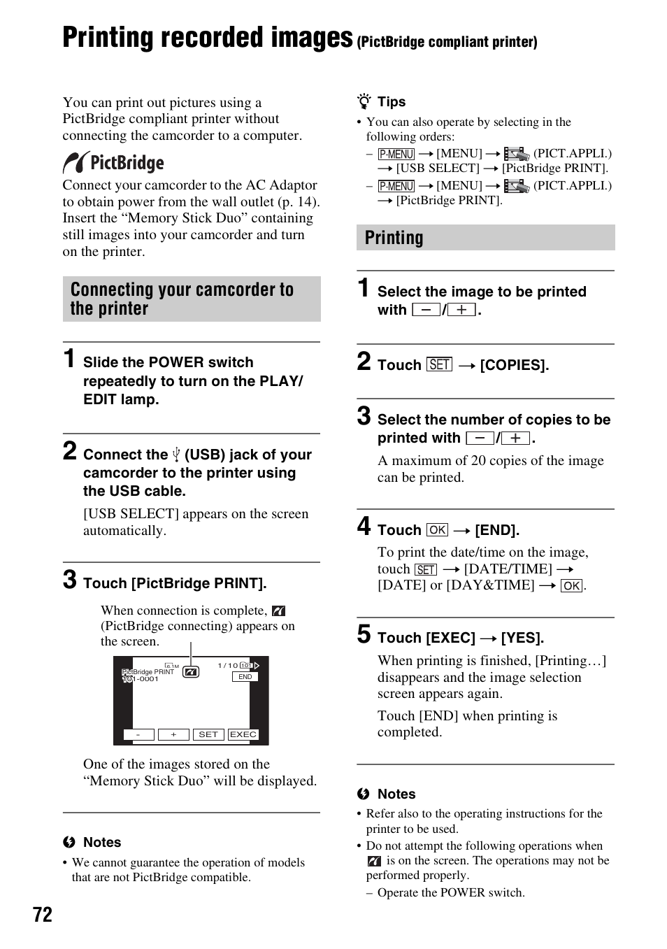 Printing recorded images (pictbridge, Compliant printer), P. 72) | P. 72, Printing recorded images, Connecting your camcorder to the printer, Printing | Sony HDR-HC7 User Manual | Page 72 / 131