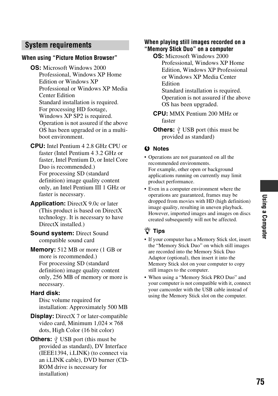 System requirements | Sony HDR-HC7 User Manual | Page 75 / 131