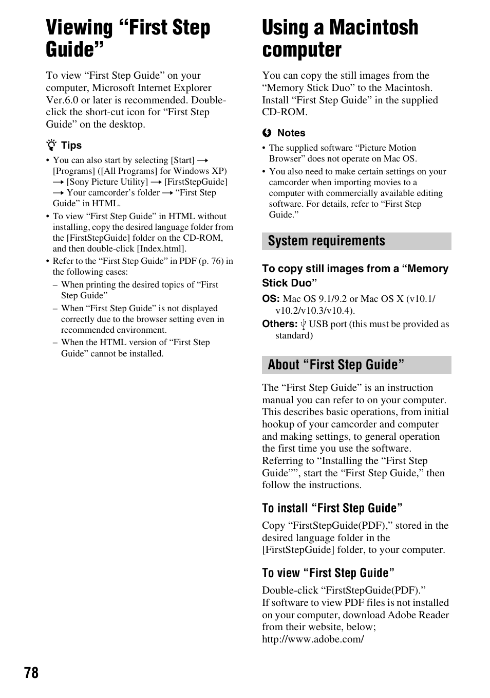 Viewing “first step guide, Using a macintosh computer, System requirements about “first step guide | Sony HDR-HC7 User Manual | Page 78 / 131