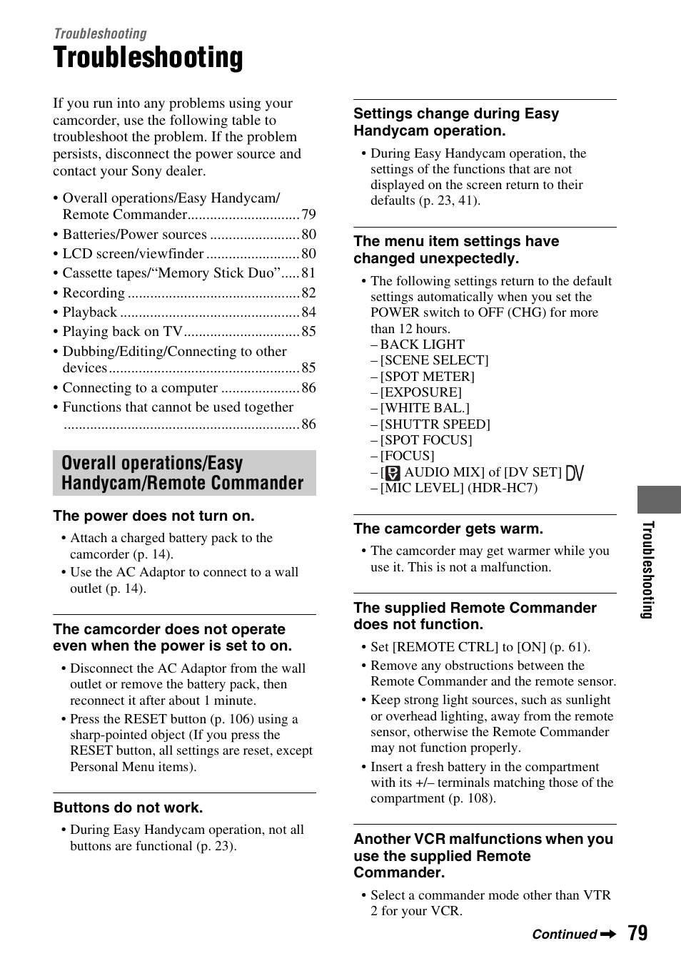 Troubleshooting, Overall operations/easy handycam/remote commander | Sony HDR-HC7 User Manual | Page 79 / 131