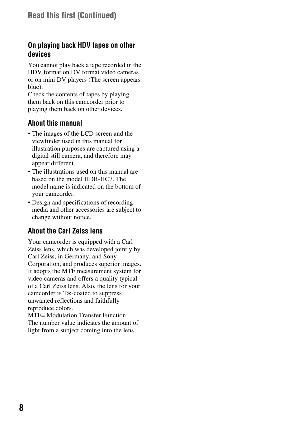 Read this first (continued) | Sony HDR-HC7 User Manual | Page 8 / 131