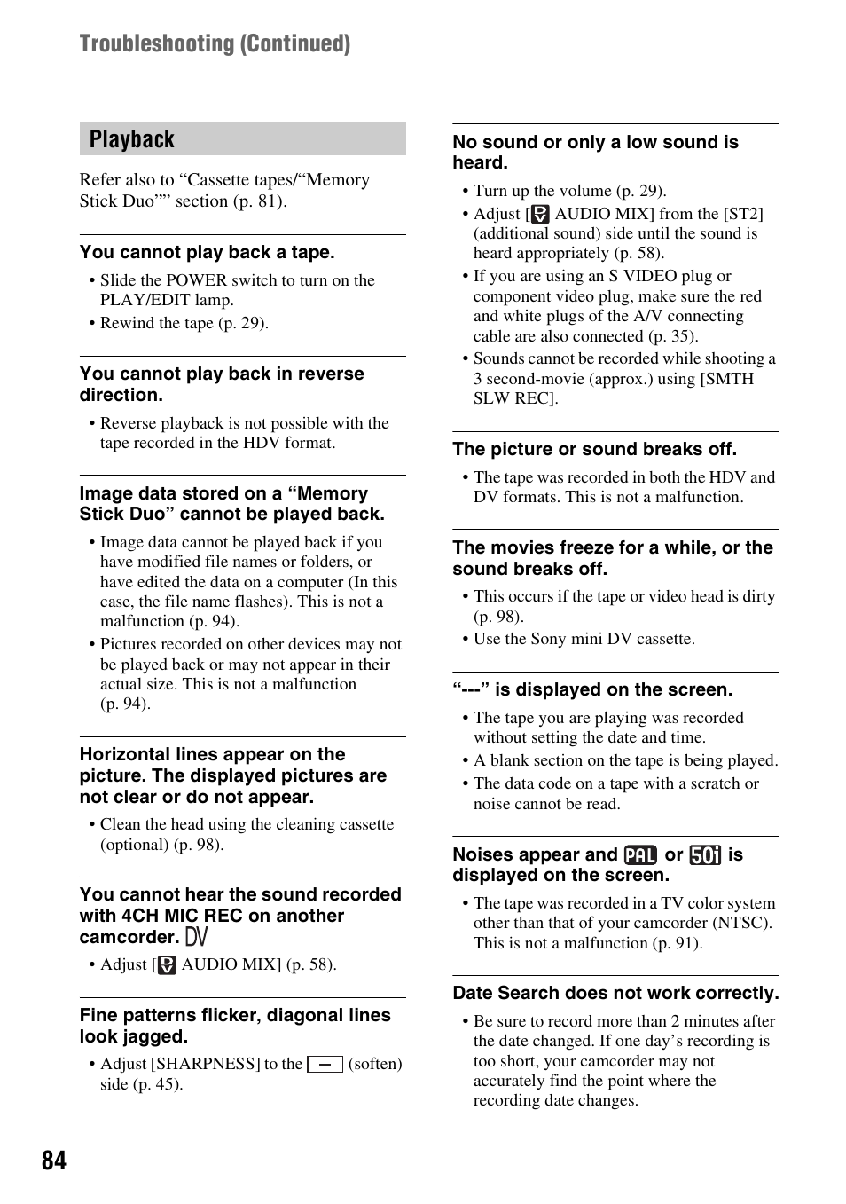Playback troubleshooting (continued) | Sony HDR-HC7 User Manual | Page 84 / 131