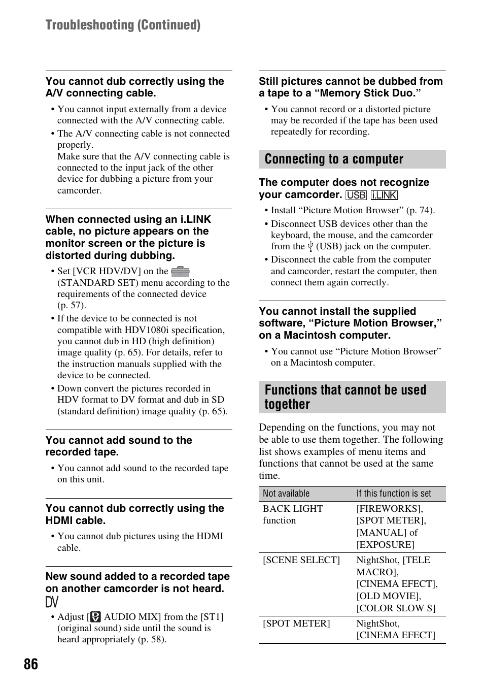 P. 86), Troubleshooting (continued) | Sony HDR-HC7 User Manual | Page 86 / 131