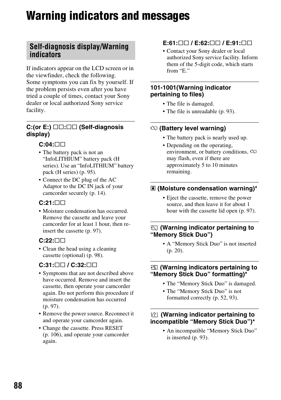 Warning indicators and messages, Self-diagnosis display/warning indicators | Sony HDR-HC7 User Manual | Page 88 / 131