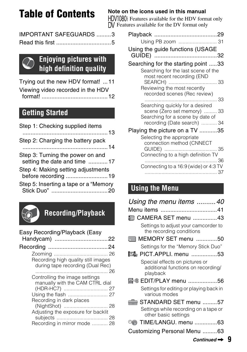 Sony HDR-HC7 User Manual | Page 9 / 131