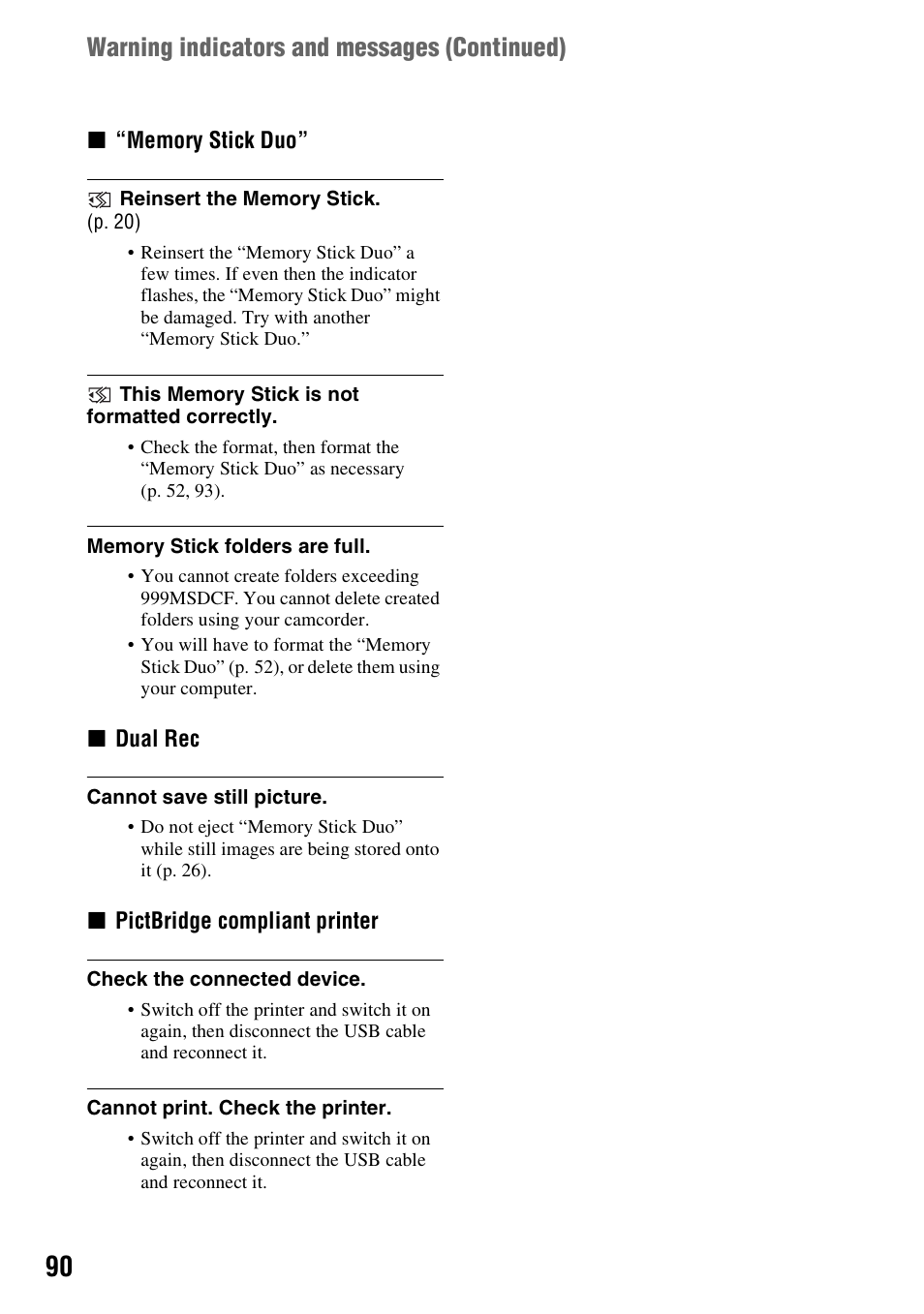 Warning indicators and messages (continued) | Sony HDR-HC7 User Manual | Page 90 / 131