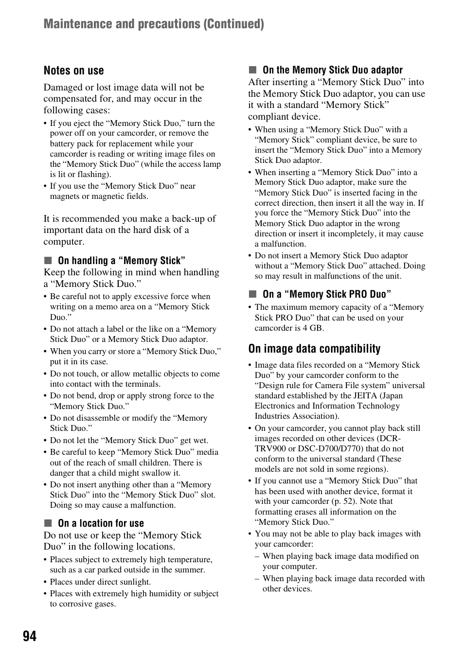 P. 94), Maintenance and precautions (continued), On image data compatibility | Sony HDR-HC7 User Manual | Page 94 / 131