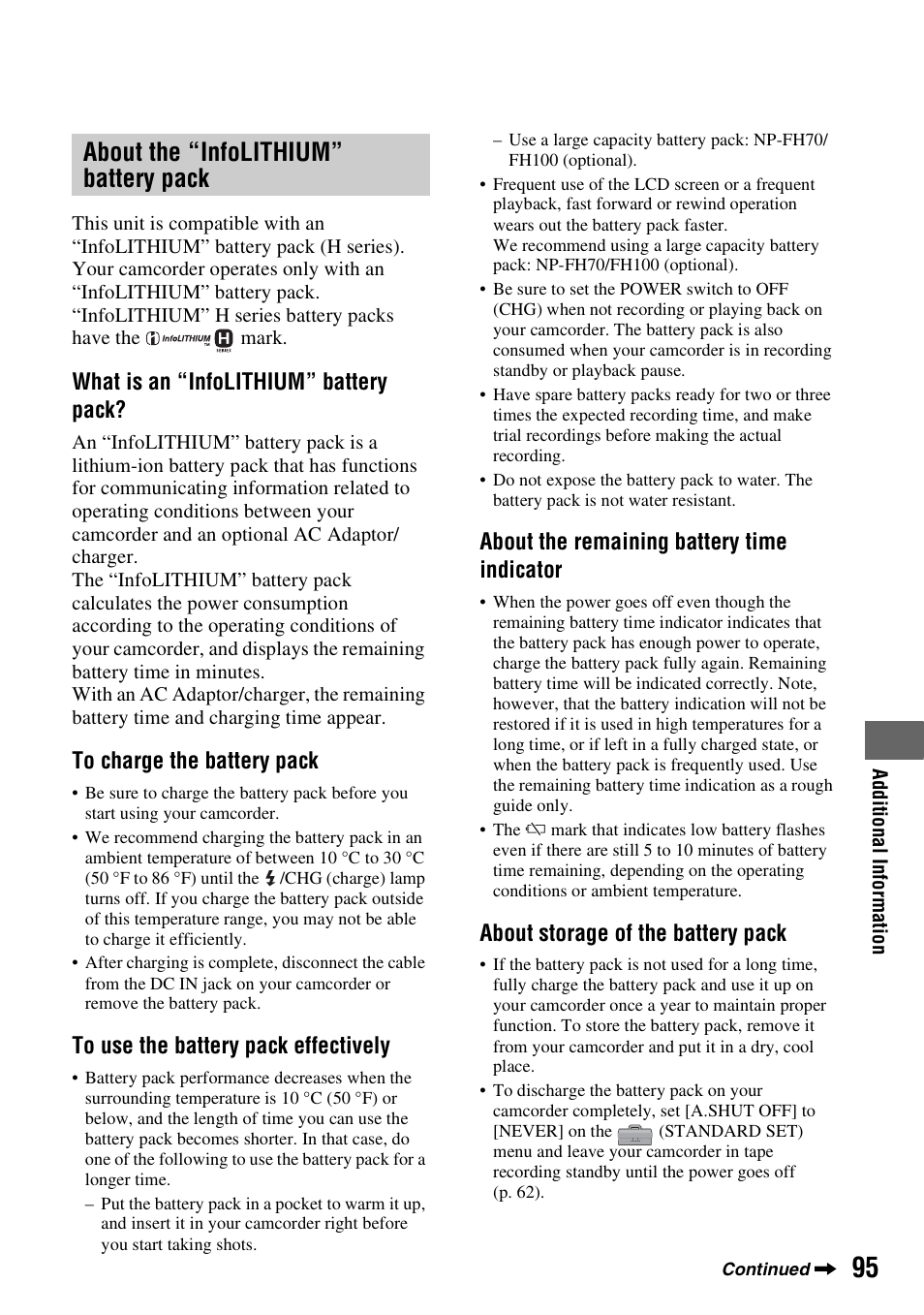About the “infolithium” battery pack, About the “infolithium” battery, Pack | P. 95, What is an “infolithium” battery pack, About the remaining battery time indicator, About storage of the battery pack | Sony HDR-HC7 User Manual | Page 95 / 131
