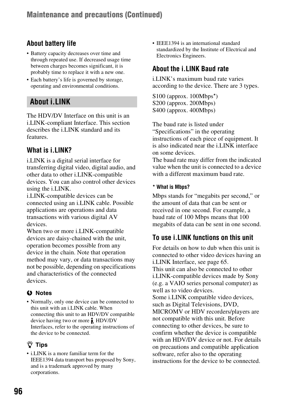 About i.link, Maintenance and precautions (continued) | Sony HDR-HC7 User Manual | Page 96 / 131