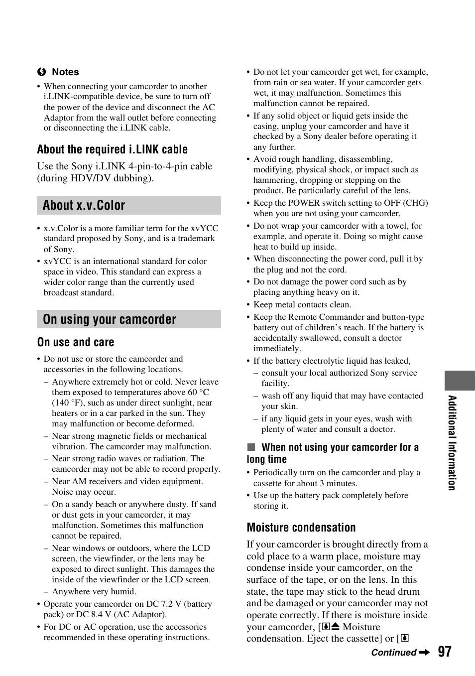 About x.v.color, On using your camcorder, 97 on using your camcorder | P. 97, P. 97), About x.v.color on using your camcorder, About the required i.link cable, On use and care, Moisture condensation | Sony HDR-HC7 User Manual | Page 97 / 131