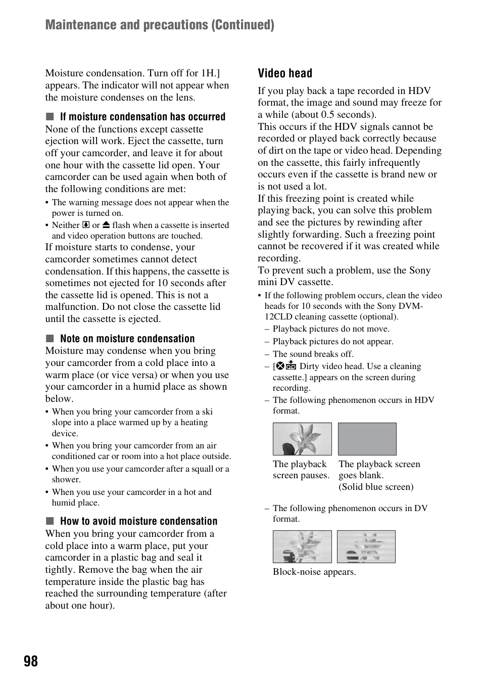 P. 98), P. 98, Maintenance and precautions (continued) | Video head | Sony HDR-HC7 User Manual | Page 98 / 131