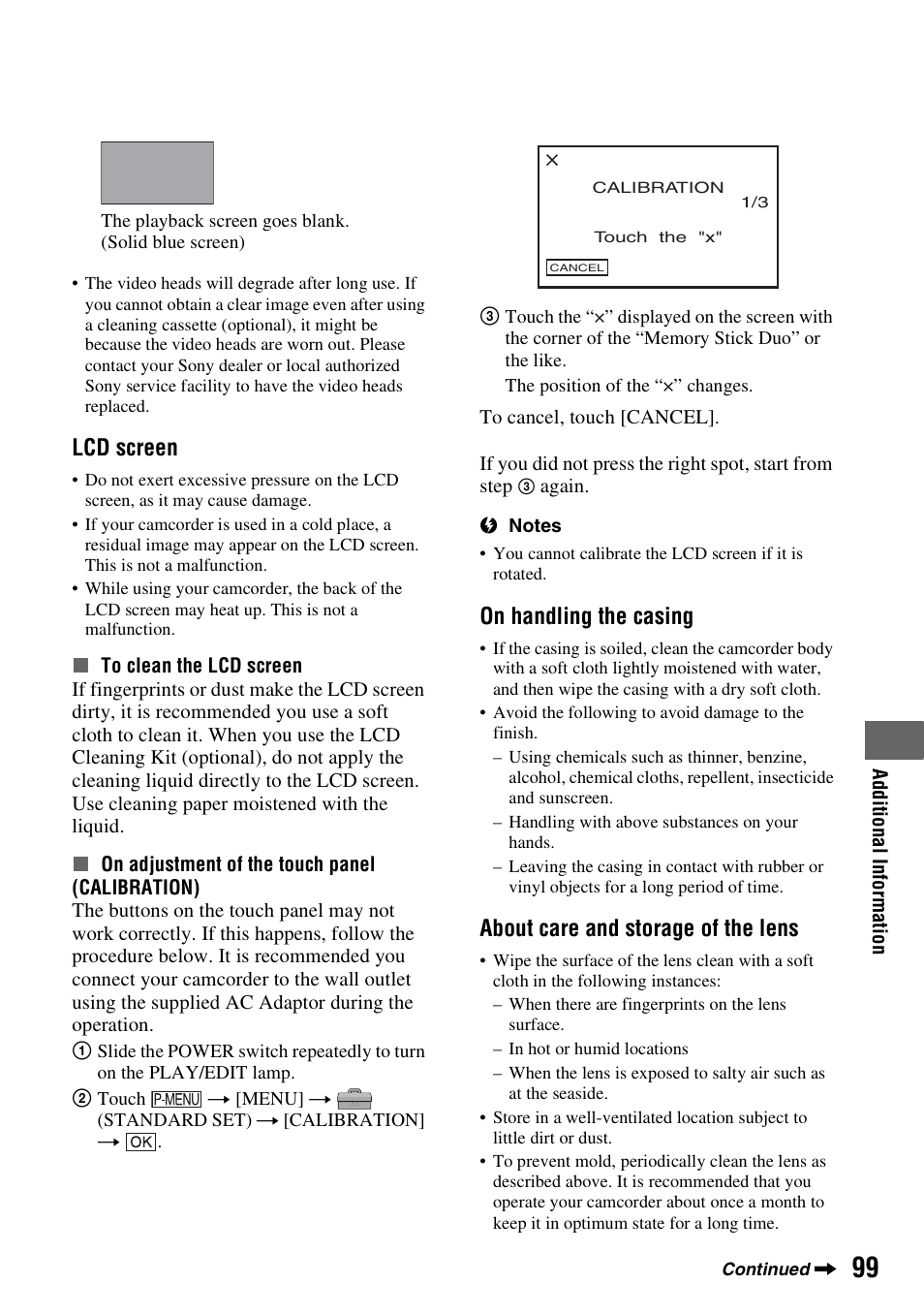 P. 99), Lcd screen, On handling the casing | About care and storage of the lens | Sony HDR-HC7 User Manual | Page 99 / 131