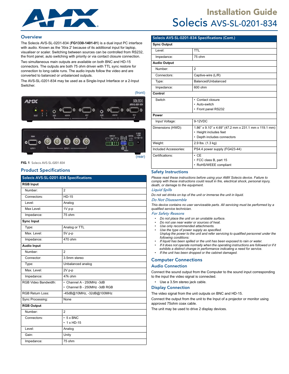 AMX Solecis AVS-SL-0201-834 User Manual | 2 pages
