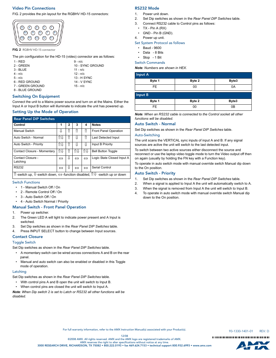 Video pin connections, Switching on equipment, Setting up the mode of operation | Switch functions, Manual switch - front panel operation, Contact closure, Toggle switch, Latching, Rs232 mode, Set system protocol as follows | AMX Solecis AVS-SL-0201-834 User Manual | Page 2 / 2