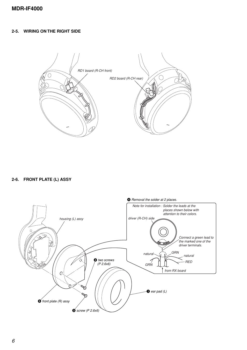 5. wiring on the right side, 6. front plate (l) assy, Mdr-if4000 | Sony MDR-IF4000 User Manual | Page 6 / 30