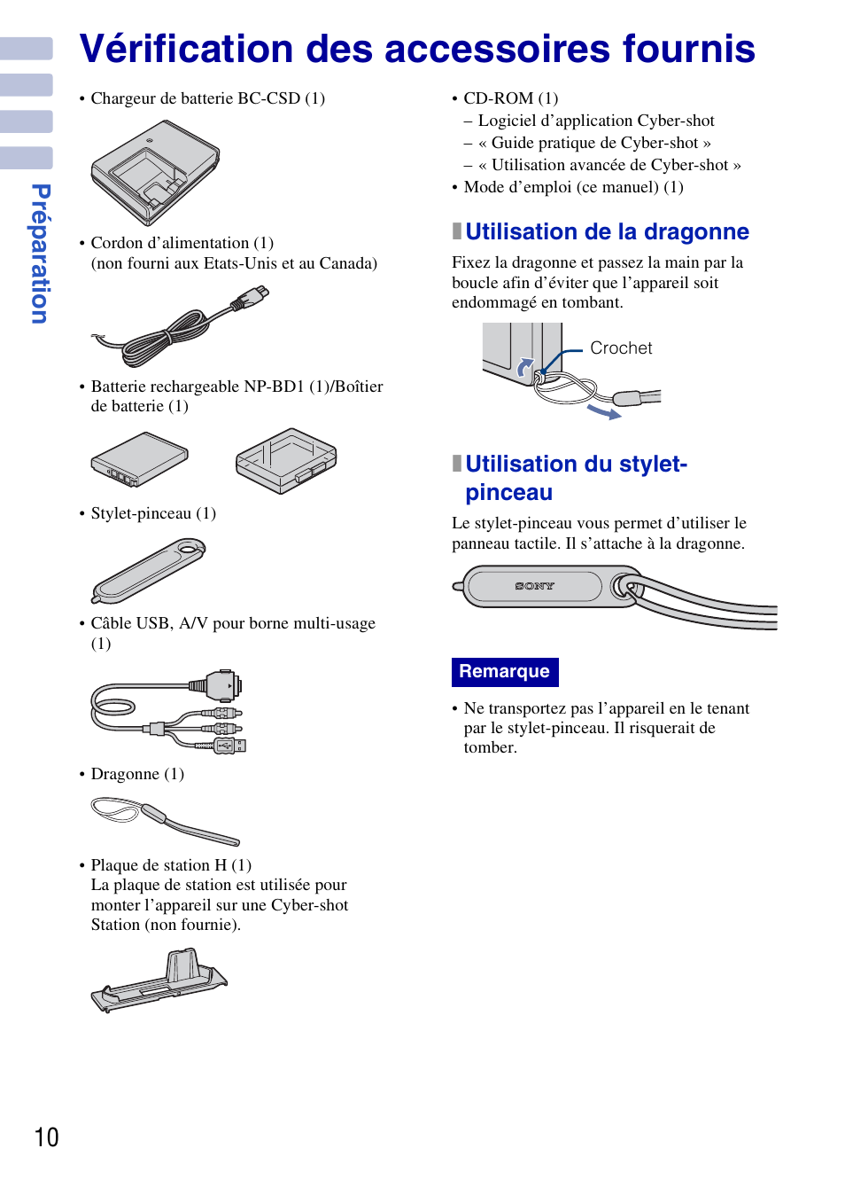 Préparation, Vérification des accessoires fournis, 10 pr éparat ion | Xutilisation de la dragonne, Xutilisation du stylet- pinceau | Sony DSC-G3 User Manual | Page 10 / 128