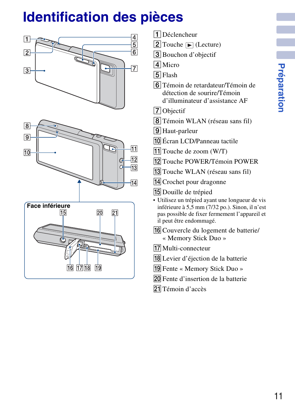 Identification des pièces, Prépar ati o n 11 | Sony DSC-G3 User Manual | Page 11 / 128